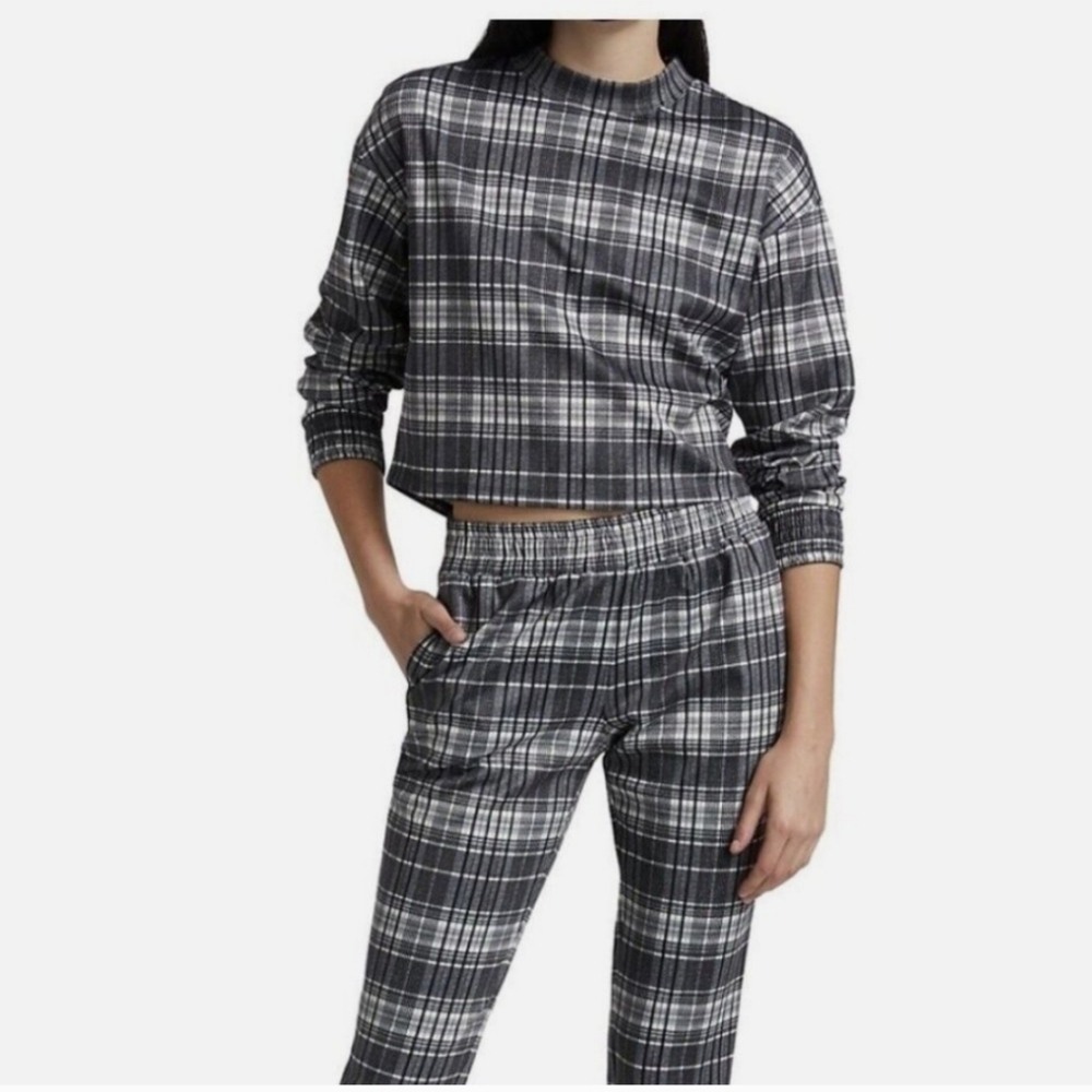 Alice + Olivia NWT Leslie Cropped Plaid Sweatshirt Pullover in‎ Charcoal Size M